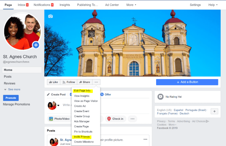 edit page info and invite friends to your Catholic parish Facebook page